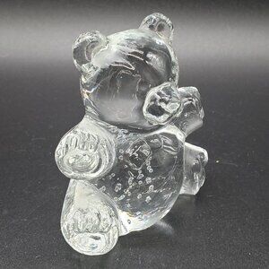Vintage Clear Bubbled Teddy Bear Bow Tie Art Glass Paperweight